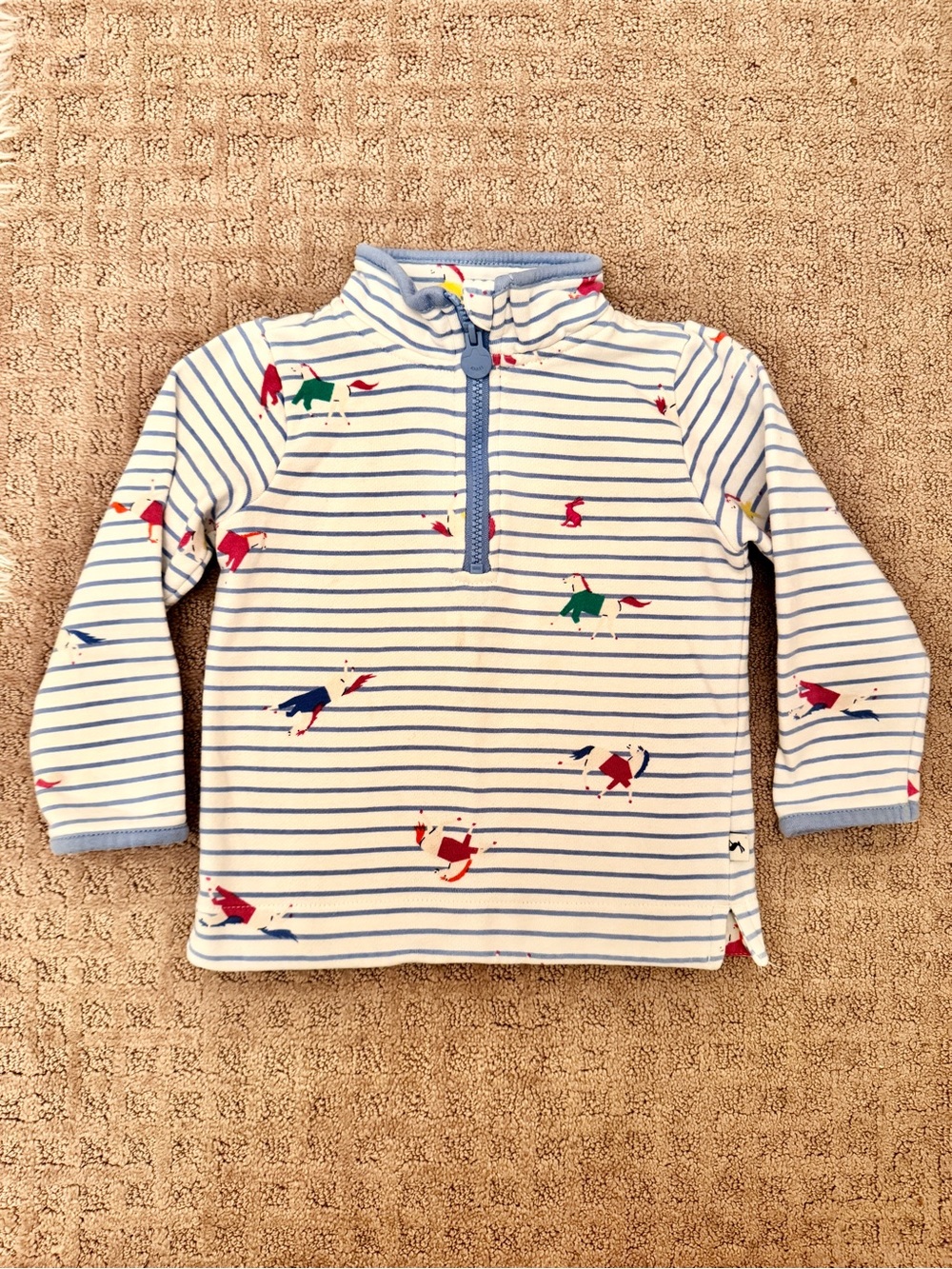 Blue Striped Quarter Zip with Horses Print